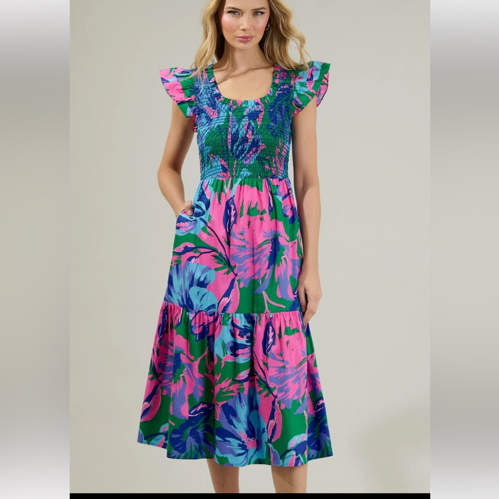 Sugarlips Green and Pink Floral Midi Dress